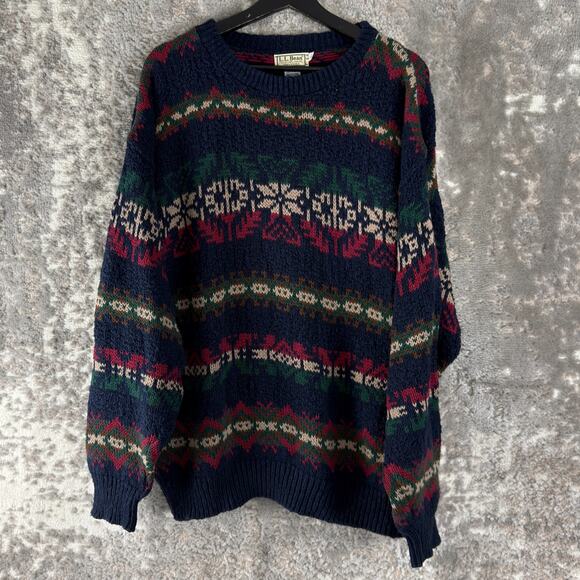 LL Bean Size L Fair Isle Nordic Scandinavian Geometric Knit Sweater Colorful - Picture 1 of 6